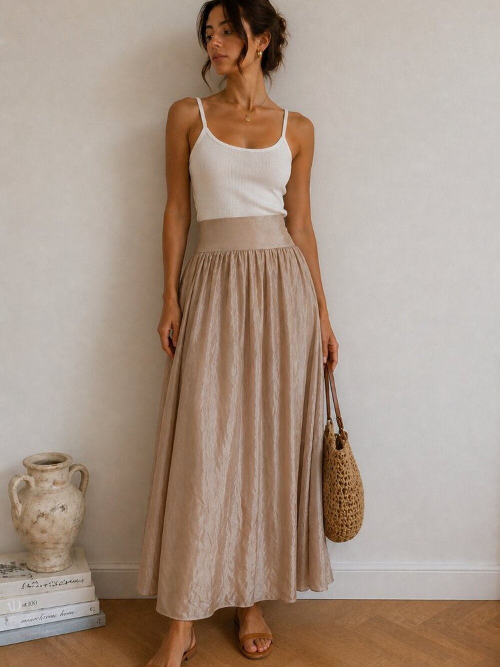GIUSY Italian Silk Maxi Skirt Made in Italy Beige Flowy High Waist Size S
